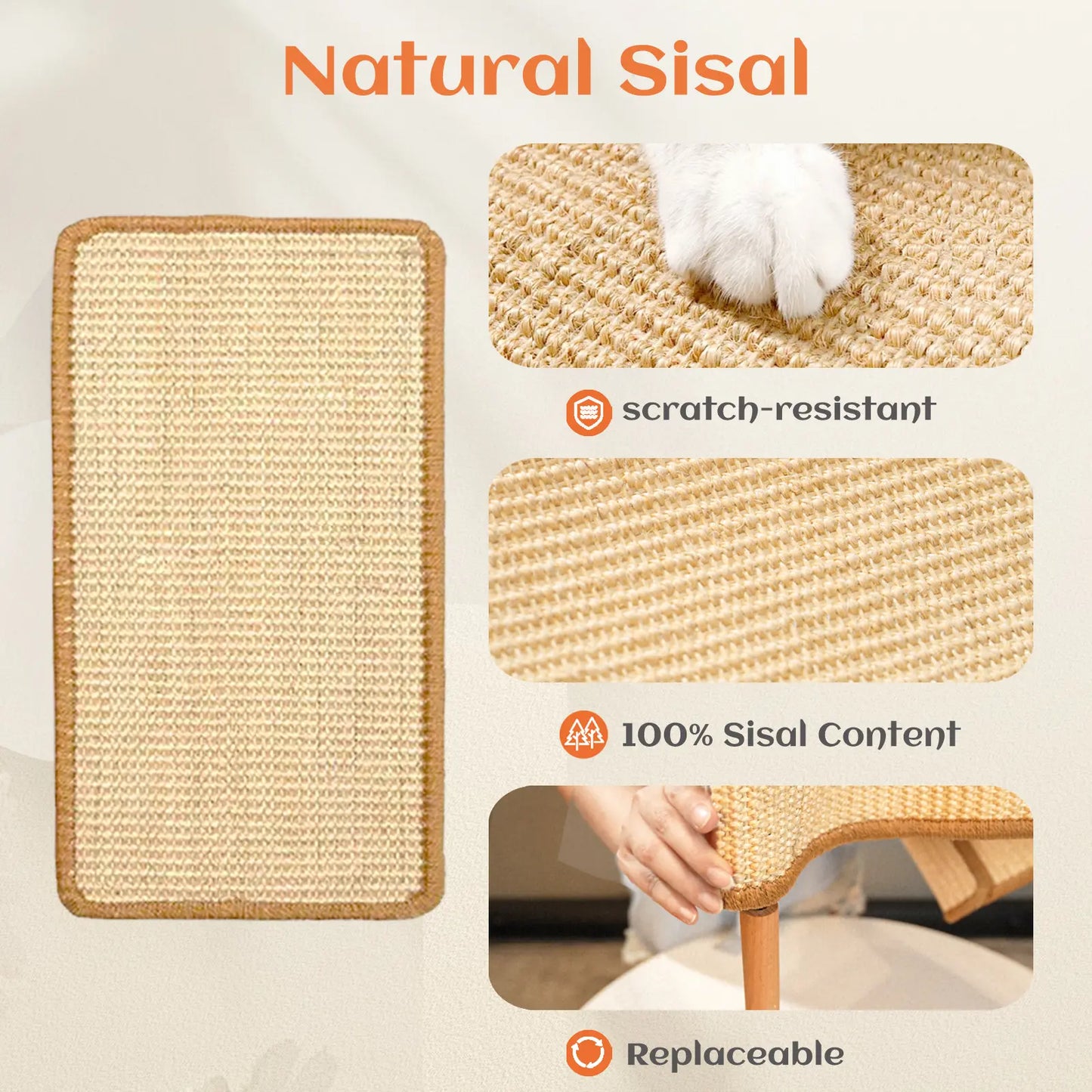 Sisal Cat Scratching Bed, Nartural Sisal Wear-resisitant Cat Scratcher, Cat Paw Pad for Large Cats, Cat Scratching Board Protects Cat From Scratching, Wooden Cat Home Furniture
