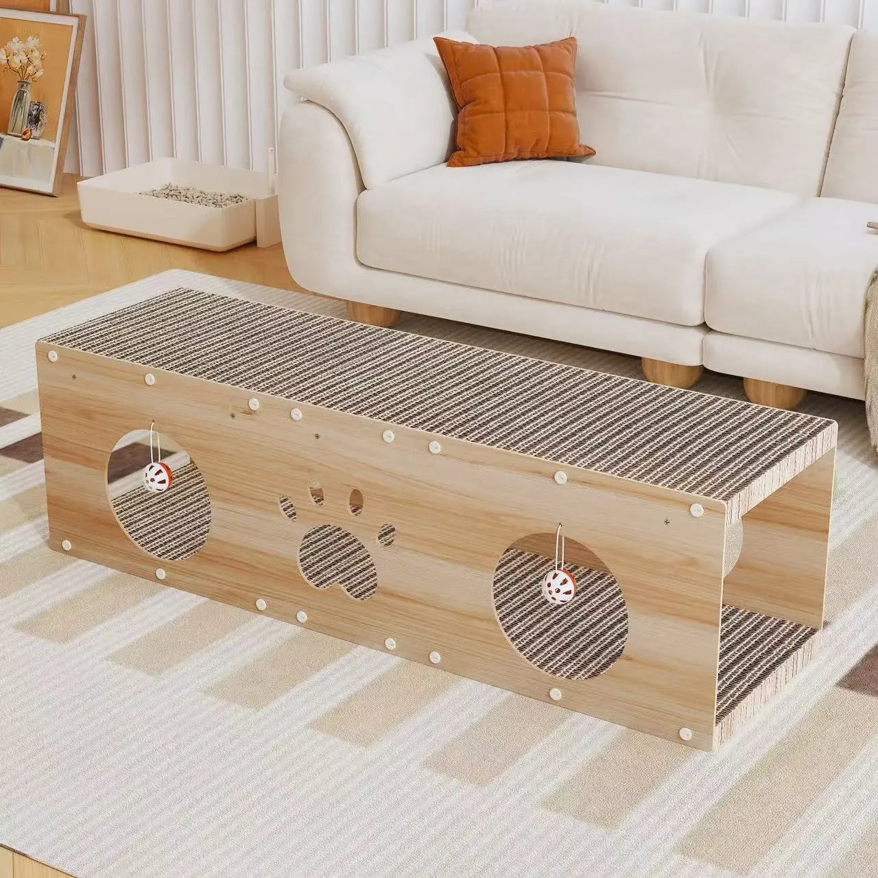 IRONCK 39" Long Large Wooden Cat House & Scratcher with Ball Toy | 2-in-1 Pet Furniture for Indoor Cats, Durable Cat Bed & Playhouse