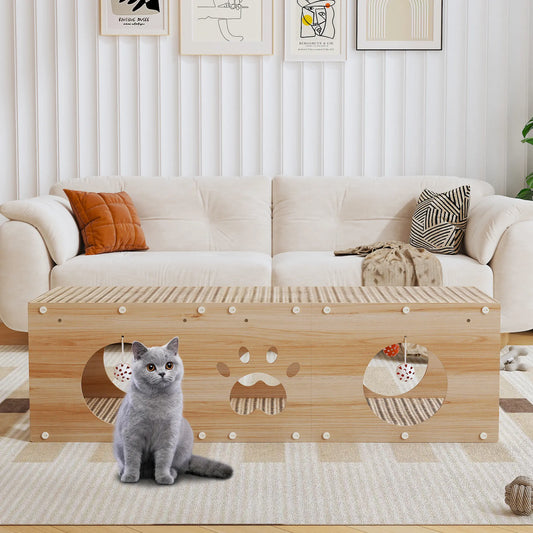 IRONCK 39" Long Large Wooden Cat House & Scratcher with Ball Toy | 2-in-1 Pet Furniture for Indoor Cats, Durable Cat Bed & Playhouse