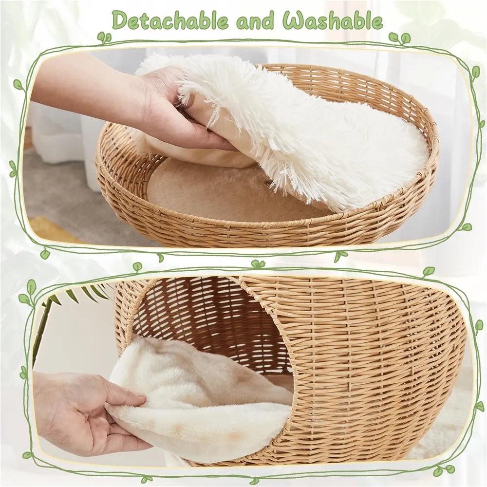 【Mother's Day Gift】Yaheetech 54in Rattan Cat Tree Tower with Luxury Woven Condo, Clear Bowl, Washable Cushions, and Scratching Posts, Cat Furniture for Indoor Cats