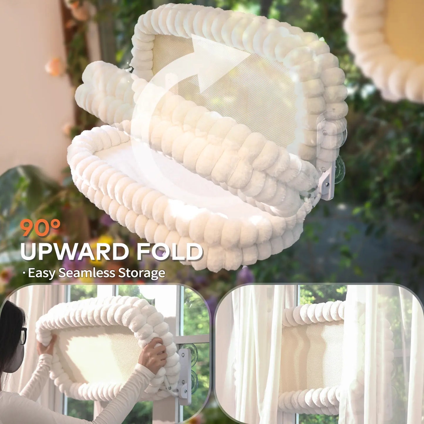 Folding Cat Hammock for Window - Cordless, Machine Washable Bed, Robust Metal Frame, Strong Suction Cups，Cat Window Perch for Cats and Small Dogs