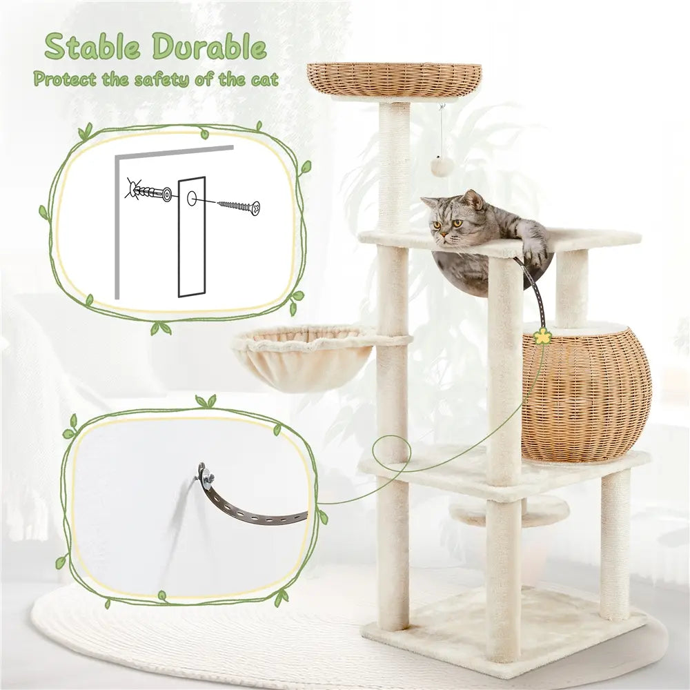【Mother's Day Gift】Yaheetech 54in Rattan Cat Tree Tower with Luxury Woven Condo, Clear Bowl, Washable Cushions, and Scratching Posts, Cat Furniture for Indoor Cats