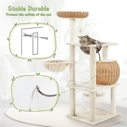 【Mother's Day Gift】Yaheetech 54in Rattan Cat Tree Tower with Luxury Woven Condo, Clear Bowl, Washable Cushions, and Scratching Posts, Cat Furniture for Indoor Cats