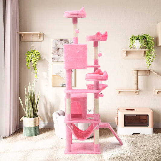 Tall Cat Tree for Indoor Cats, Multi-Level Cat Tower with Cat Condos, Top Perches, Cozy Basket,Hammocks, Large Pet Activity Structure