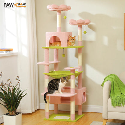 Road Large 72 Inches Flower/Cactus Cat Tree & Tower for Indoor Cats with Sisal-Covered Scratching Posts Padded Perches Condos & Basket Gray/Dark Gray/Beige Vertical Scratcher 8-Level Structure