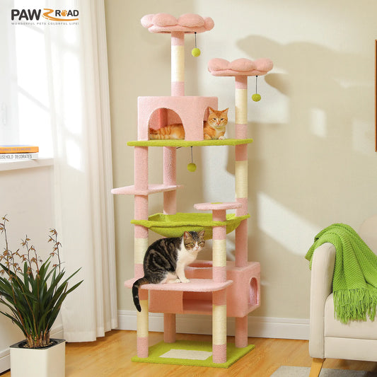 Road Large 72 Inches Flower/Cactus Cat Tree & Tower for Indoor Cats with Sisal-Covered Scratching Posts Padded Perches Condos & Basket Gray/Dark Gray/Beige Vertical Scratcher 8-Level Structure