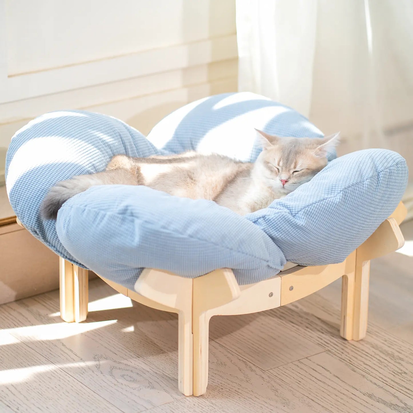 Elevated Flower Cat Bed，Wooden with Cushion， Fluffy Pet Couch Sofa for Indoor Cats and Dogs， Raised Kitty Lounge Chair， Suitable for Puppy, Cat Furniture(Large)