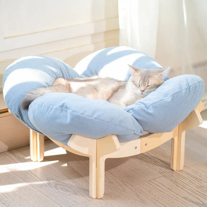 Elevated Flower Cat Bed，Wooden with Cushion， Fluffy Pet Couch Sofa for Indoor Cats and Dogs， Raised Kitty Lounge Chair， Suitable for Puppy, Cat Furniture(Large)