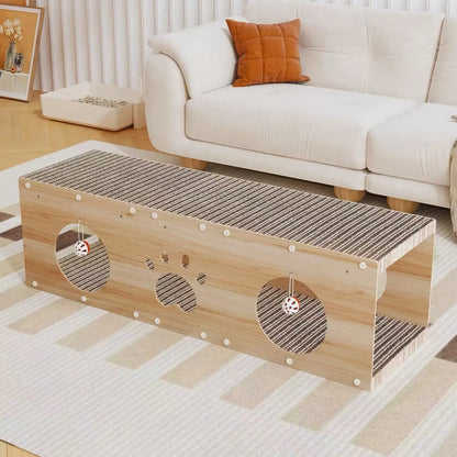 IRONCK 39" Long Large Wooden Cat House & Scratcher with Ball Toy | 2-in-1 Pet Furniture for Indoor Cats, Durable Cat Bed & Playhouse