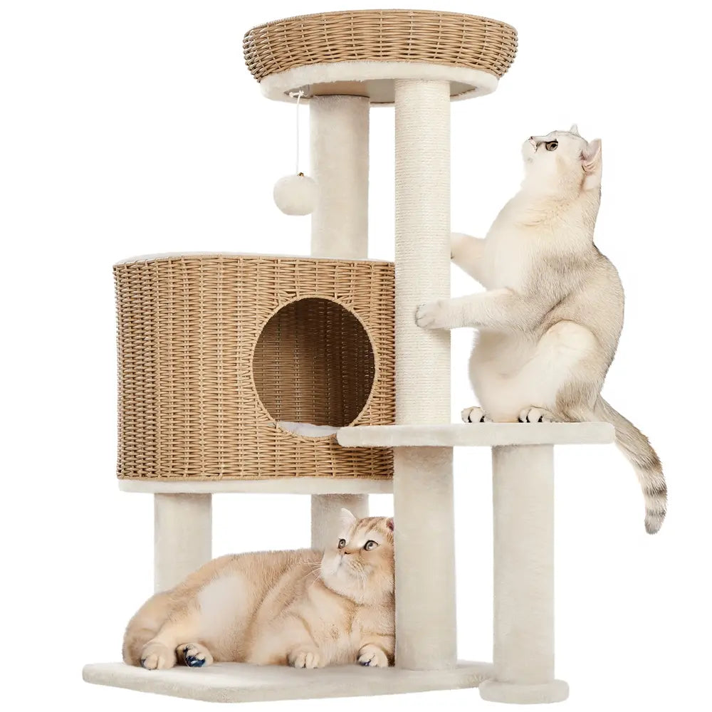 【Mother's Day Gift】Yaheetech 54in Rattan Cat Tree Tower with Luxury Woven Condo, Clear Bowl, Washable Cushions, and Scratching Posts, Cat Furniture for Indoor Cats