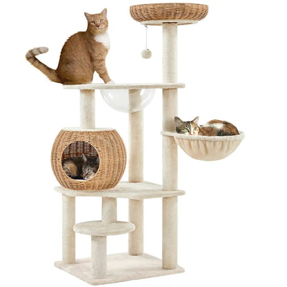 【Mother's Day Gift】Yaheetech 54in Rattan Cat Tree Tower with Luxury Woven Condo, Clear Bowl, Washable Cushions, and Scratching Posts, Cat Furniture for Indoor Cats