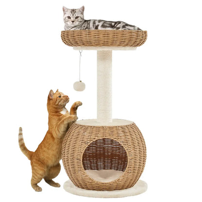 【Mother's Day Gift】Yaheetech 54in Rattan Cat Tree Tower with Luxury Woven Condo, Clear Bowl, Washable Cushions, and Scratching Posts, Cat Furniture for Indoor Cats