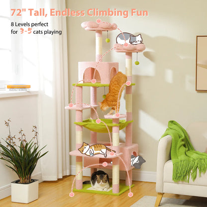 Road Large 72 Inches Flower/Cactus Cat Tree & Tower for Indoor Cats with Sisal-Covered Scratching Posts Padded Perches Condos & Basket Gray/Dark Gray/Beige Vertical Scratcher 8-Level Structure