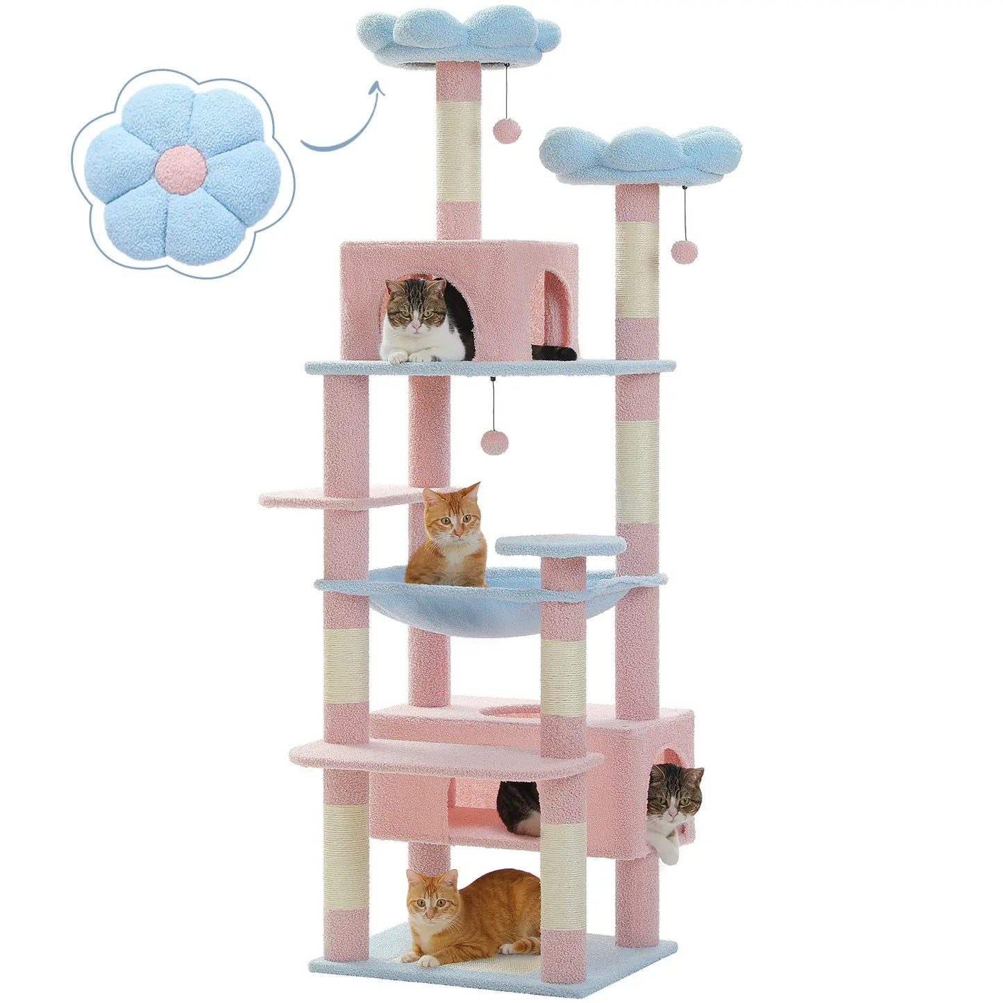 Road Large 72 Inches Flower/Cactus Cat Tree & Tower for Indoor Cats with Sisal-Covered Scratching Posts Padded Perches Condos & Basket Gray/Dark Gray/Beige Vertical Scratcher 8-Level Structure