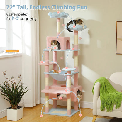 Road Large 72 Inches Flower/Cactus Cat Tree & Tower for Indoor Cats with Sisal-Covered Scratching Posts Padded Perches Condos & Basket Gray/Dark Gray/Beige Vertical Scratcher 8-Level Structure