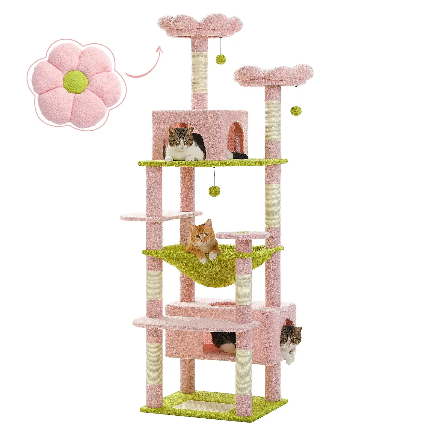 Road Large 72 Inches Flower/Cactus Cat Tree & Tower for Indoor Cats with Sisal-Covered Scratching Posts Padded Perches Condos & Basket Gray/Dark Gray/Beige Vertical Scratcher 8-Level Structure