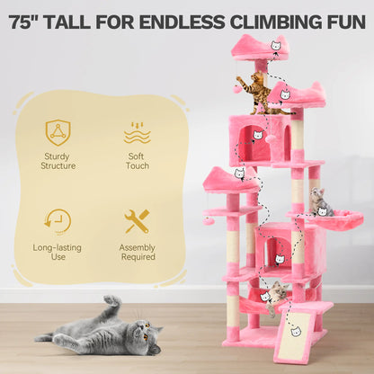 Tall Cat Tree for Indoor Cats, Multi-Level Cat Tower with Cat Condos, Top Perches, Cozy Basket,Hammocks, Large Pet Activity Structure