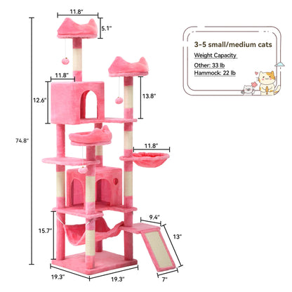 Tall Cat Tree for Indoor Cats, Multi-Level Cat Tower with Cat Condos, Top Perches, Cozy Basket,Hammocks, Large Pet Activity Structure