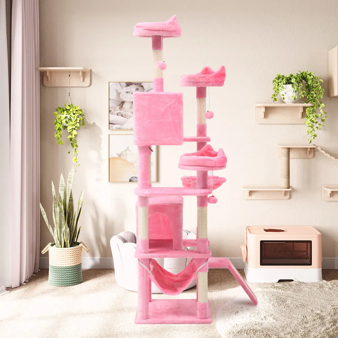 Tall Cat Tree for Indoor Cats, Multi-Level Cat Tower with Cat Condos, Top Perches, Cozy Basket,Hammocks, Large Pet Activity Structure
