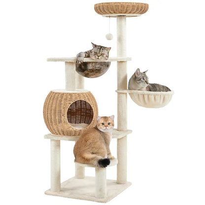 【Mother's Day Gift】Yaheetech 54in Rattan Cat Tree Tower with Luxury Woven Condo, Clear Bowl, Washable Cushions, and Scratching Posts, Cat Furniture for Indoor Cats