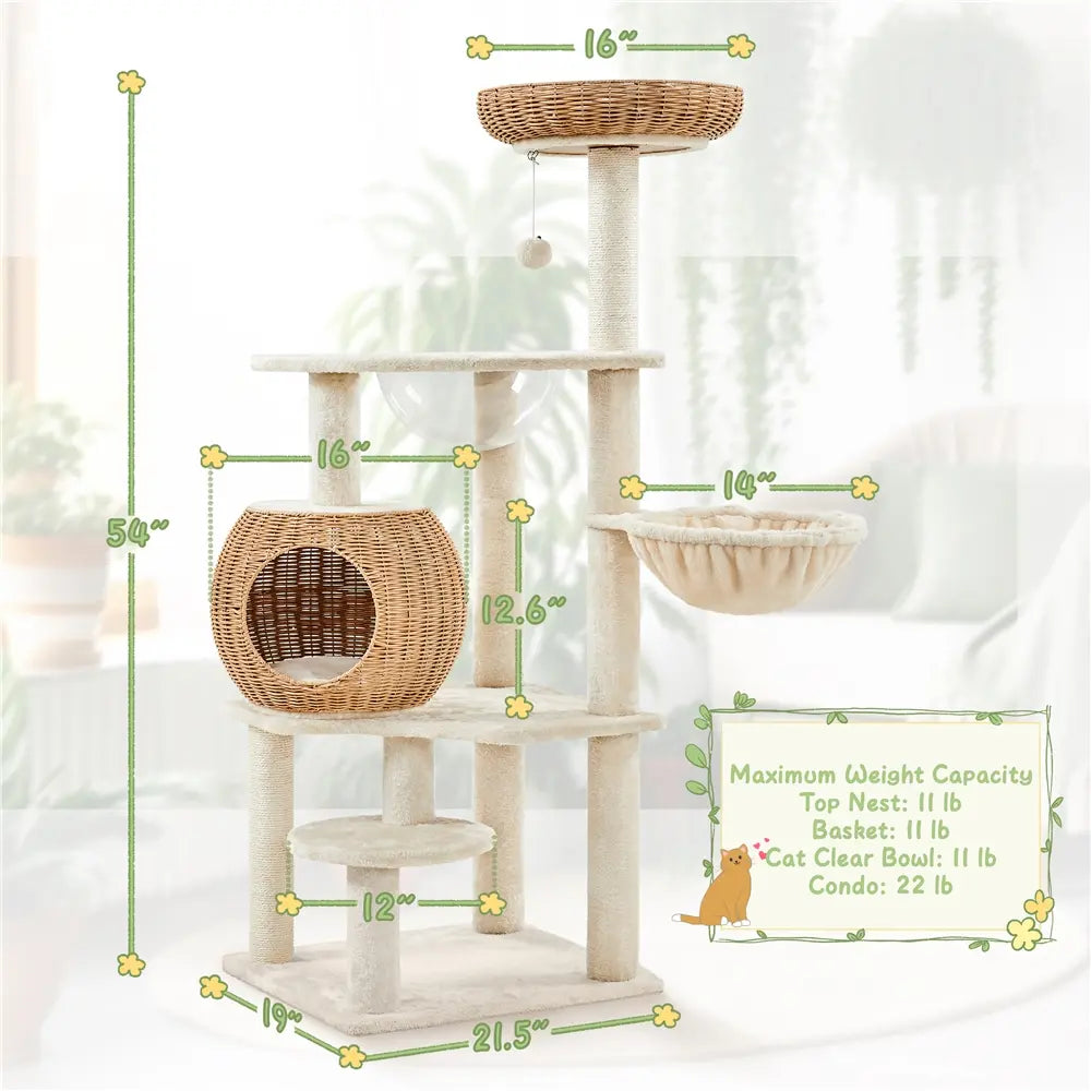 【Mother's Day Gift】Yaheetech 54in Rattan Cat Tree Tower with Luxury Woven Condo, Clear Bowl, Washable Cushions, and Scratching Posts, Cat Furniture for Indoor Cats