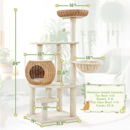 【Mother's Day Gift】Yaheetech 54in Rattan Cat Tree Tower with Luxury Woven Condo, Clear Bowl, Washable Cushions, and Scratching Posts, Cat Furniture for Indoor Cats