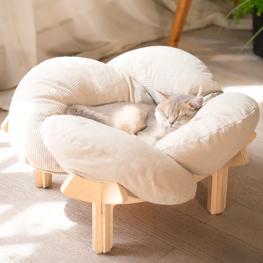 Elevated Flower Cat Bed，Wooden with Cushion， Fluffy Pet Couch Sofa for Indoor Cats and Dogs， Raised Kitty Lounge Chair， Suitable for Puppy, Cat Furniture(Large)