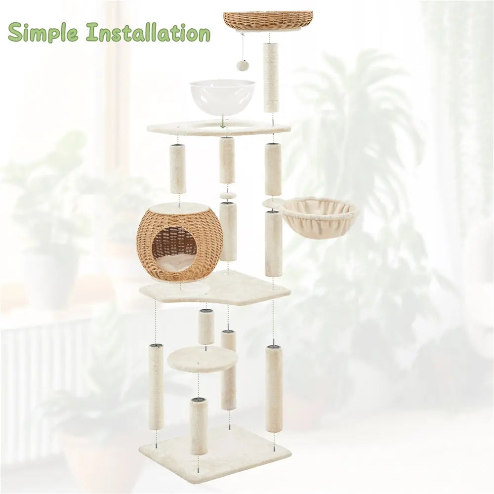 【Mother's Day Gift】Yaheetech 54in Rattan Cat Tree Tower with Luxury Woven Condo, Clear Bowl, Washable Cushions, and Scratching Posts, Cat Furniture for Indoor Cats